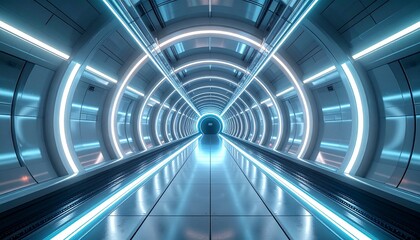 Futuristic Tunnel with Neon Lights: A Cyberpunk Architectural Marvel, Exploring the Depths of a Sci-Fi Corridor with Striking Illumination