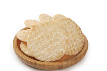 Crispy Rice Cakes on Wooden Plate - Healthy Snack Food Isolated on White Background