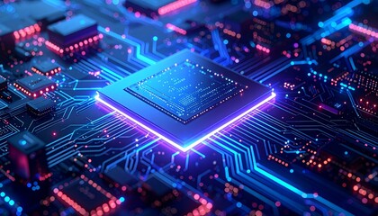 A futuristic depiction of advanced technology: circuits glowing with ethereal light,Modern computer chip design with intricate circuitry and luminous effects