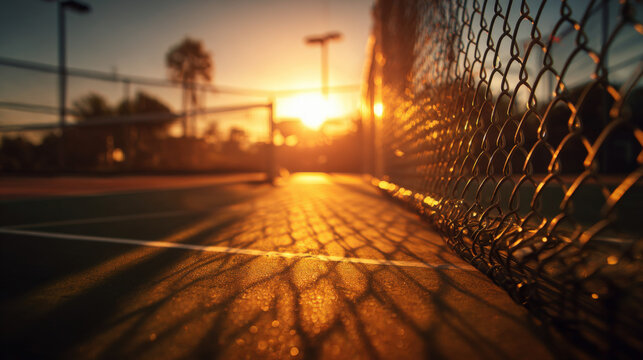 Tennis Court at Sunset with Fence Shadows