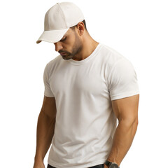 Man in white tshirt cap looking down isolated on transparent background fashionable athletic male model posing in casual clothing