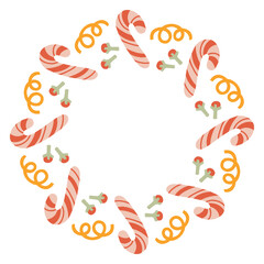 A festive round frame with candy canes and confetti. The simple vector design perfect for Christmas and New Year decorations or holiday greetings.