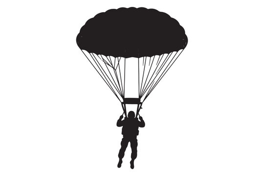 A silhouette of a paratrooper with a parachute, isolated on white background, representing military operations, adventure, and the thrill of skydiving vector illustration