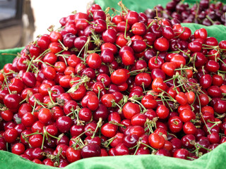 Fresh Shandong Cherries at Market - Big Red Early Season Domestic Fruit Display