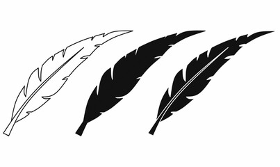 Vector feather set with outline and silhouette style, quill illustration for boho, tribal, writing, tattoo, decoration, logo, craft, and natural design use