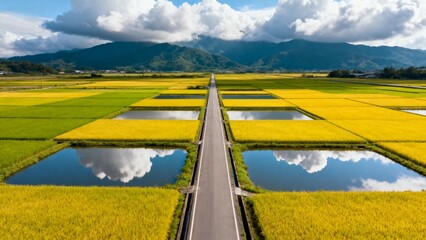 Obraz premium Rice fields with road and mountains