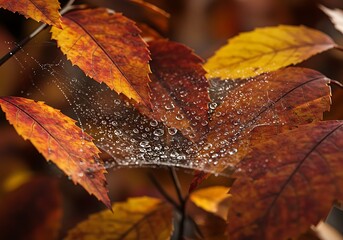 Autumn leaves with dewdrops and spiderweb