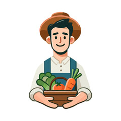 Illustration of Farmer Holding Basket of Vegetables in White Background