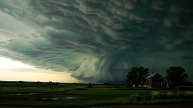 Dramatic Time-Lapse of a Powerful Supercell Thunderstorm with Ominous Mammatus Clouds and Lightning Over a Rural Farmhouse