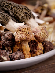 Fresh Mixed Mushrooms Yunnan Style Cooking Ingredients in Bowl - Shiitake Morel Varieties for Gourmet Soup and Asian Cuisine