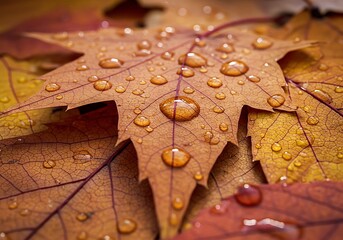 Autumn leaves with water drops closeup