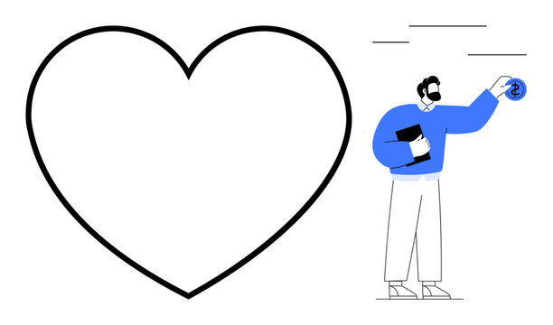 Minimalist person holding book, placing coin in oversized heart symbol. Ideal for charity, kindness, donation, support, empathy, well-being, personal growth simple flat metaphor