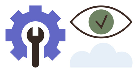 Gear and wrench symbolizing tools and maintenance, eye with checkmark for vision and approval, cloud for connectivity. Ideal for system optimization, quality assurance, innovation, vision, cloud