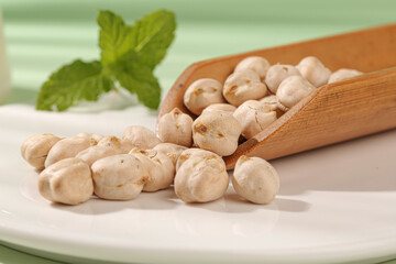 Xinjiang Style Fried Chickpeas with Five Spices and Salt on White Plate
