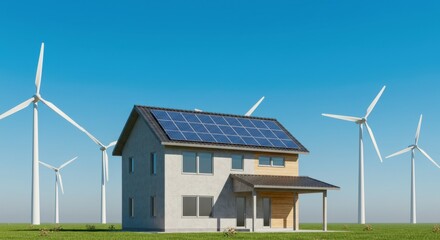 Obraz premium House with solar panels and wind turbines against blue sky