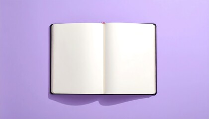 An open, hardcover notebook on a pastel purple surface. The pages are blank, inviting notes, sketches, or thoughts