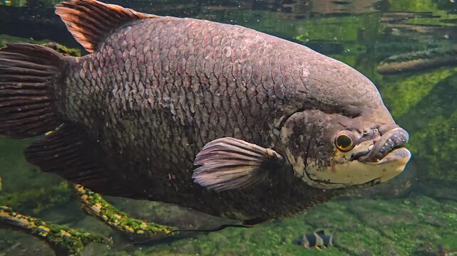Close up view of an Elephant Ear Gourami fish swimming slowly by underwater.