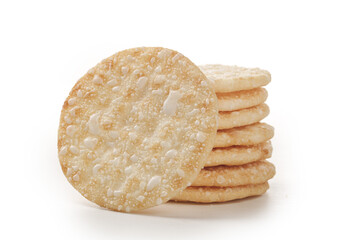 Crispy Rice Cakes Stack - Healthy Asian Snack Food on White Background