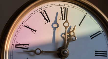 Close-up of an antique clock face showing the time near twelve o'clock with gold hands and Roman numerals.