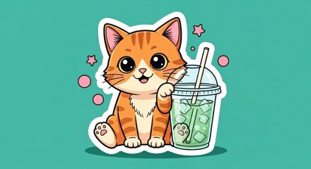 Cartoon orange cat with bubble tea on a turquoise background