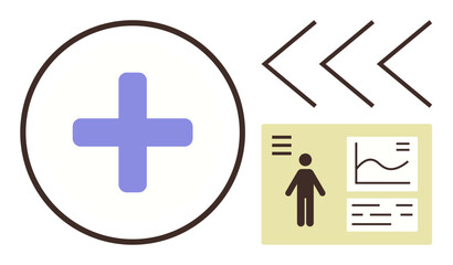 Obraz premium Cross in circle, arrows, and medical data chart with human figure and graph overview. Ideal for healthcare, data, analysis, progress, decision making digital tools organization. Simple flat