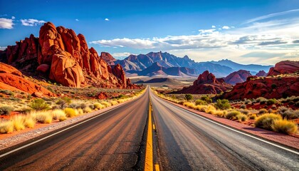 An open highway stretches towards a mountain range under a vibrant blue sky, red rock formations border the road