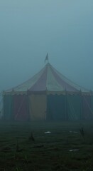Fototapeta premium Large colorful circus tent with a flag on top standing in a foggy, misty field, creating an eerie atmosphere with its faded colors and overcast, cold tone, presenting an unusual, dramatic visual.