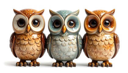 Three Whimsical Owl Figurines - Colorful, Detailed, and Playful Trio on White.