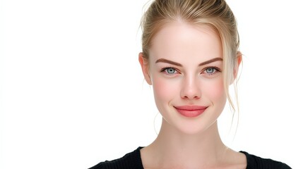 Portrait of a Smiling Woman with Natural Makeup and Bright Blue Eyes
