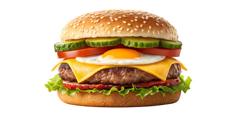 Gourmet Cheeseburger with Sunny Side Egg on Transparent Background
Delicious Layered Beef Burger with Cheese, Vegetables, and Egg