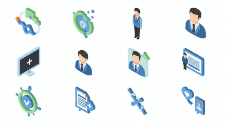 Fototapeta premium Comprehensive Isometric Icon Set for Modern Digital Solutions, Showcasing Business, Technology, and Human Resources Concepts with Professional Design Elements