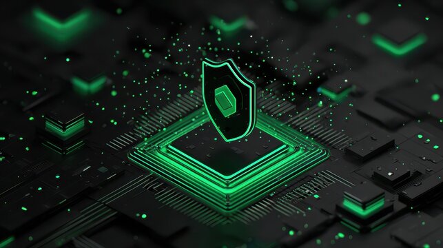 Digital shield glowing green on circuit board technology security