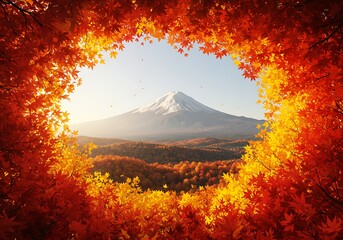 Autumn mountain view through golden leaves