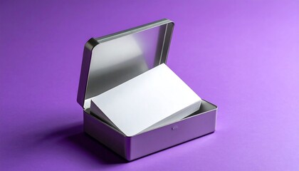 An open metal box, filled with white paper, sits against a bold, purple background. The box's lid is slightly propped open