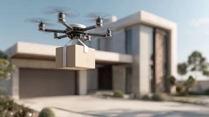 Drone delivering package to modern residence delivery