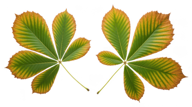 Two horse chestnut leaves with autumn colors isolated on transparent background. green leaf isolated on white background