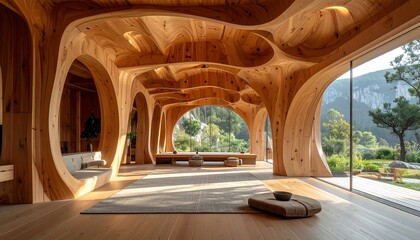 An open interior features organic wooden architecture. Circular openings frame a view of nature through large glass windows. The space is naturally lit