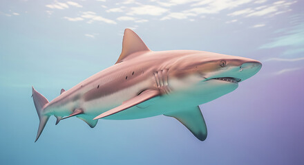 Naklejka premium A shark swims gracefully through the ocean, its powerful body and dorsal fin visible against the light blue water.