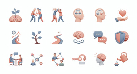 Visualizing Growth A Comprehensive Set of Icons for Personal Development, Mental Wellness, Communication, and Business Strategies