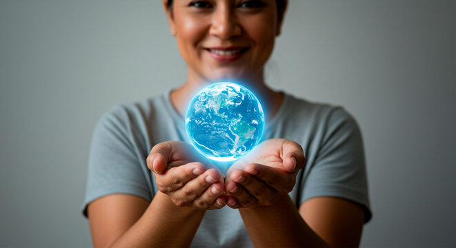 Woman holding a glowing digital Planet Earth