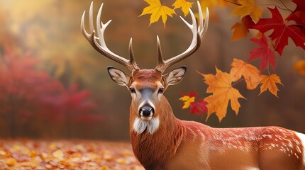 Majestic red deer stag in autumn forest – warm seasonal tones, intricate fur details, and prominent antlers captured in a naturalistic portrait style.