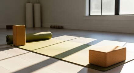A yoga mat and blocks are set up in a bright studio space