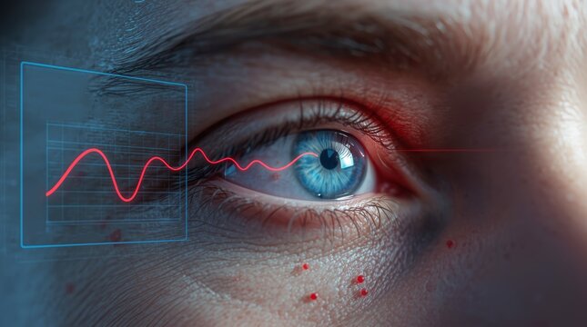 A dramatic, extreme close-up shot of a human eye with an overlay of futuristic, augmented reality (AR) data. 
