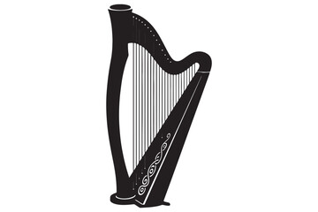 Obraz premium Silhouette of a harp isolated on white background, showcasing its elegant curves, strings, and musical instrument representing harmony and artistic expression vector illustration