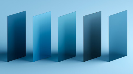 Minimalist glass panels in gradient blue tones, standing vertically with soft shadows. Ideal for design, architecture, or branding visuals with a clean, modern aesthetic.