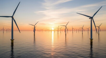 Wind turbines in the ocean at sunset generating energy