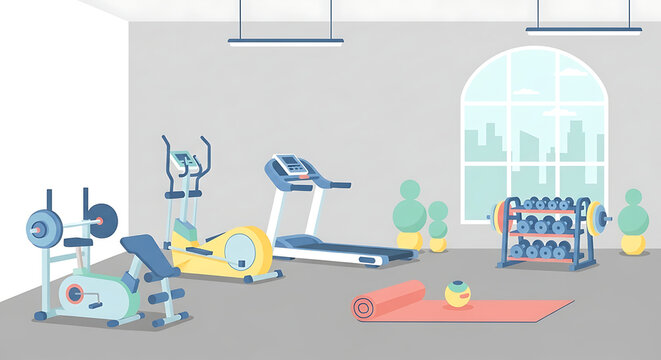 Illustration of a home gym featuring exercise equipment such as a treadmill, elliptical, weight rack, and bench, with a yoga mat and city view through a window.
