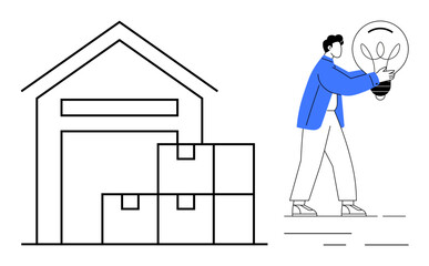 Warehouse outline with stacked boxes and person holding a glowing lightbulb. Ideal for innovation, logistics, efficiency, storage, supply chain, creativity, teamwork. Simple flat metaphor