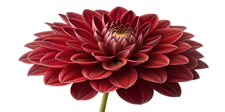 A highly detailed close-up of a deep red dahlia flower in full bloom, with perfect symmetrical petals radiating outwards, velvety texture, intricate natural patterns, and a soft gradient of light high