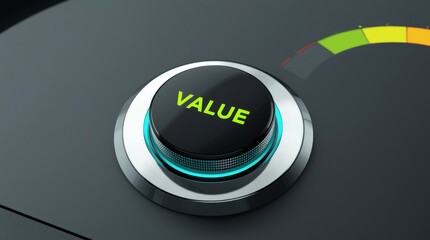 Dial has a polished chrome or brushed silver finish with a central black face. The word "VALUE" is prominently displayed in bright yellow capital letters on the central face. 